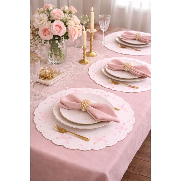 Hobby Lobby Other - Scalloped Bow Embroidered Placemats Set Pink & White Cottagecore 8 pieces